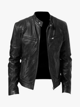 Men's Genuine Jacket with Stand Collar and Zip Pockets