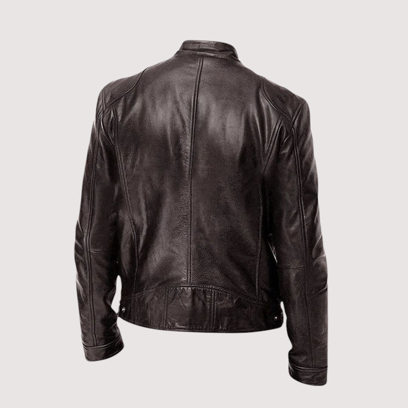 Men's Genuine Jacket with Stand Collar and Zip Pockets