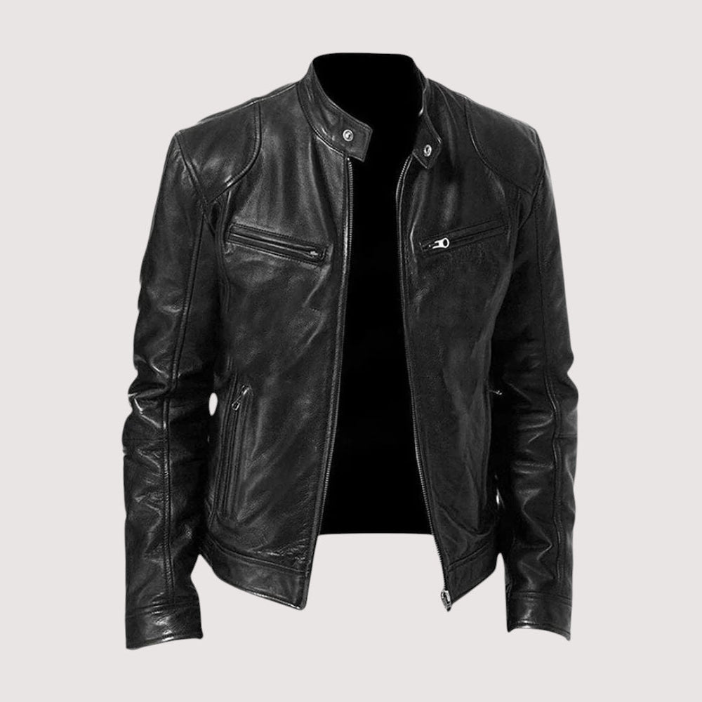 Men's Genuine Jacket with Stand Collar and Zip Pockets
