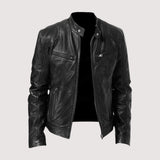 Men's Genuine Jacket with Stand Collar and Zip Pockets