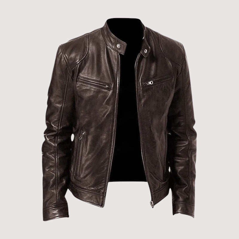 Men's Genuine Jacket with Stand Collar and Zip Pockets