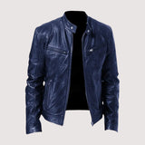Men's Genuine Jacket with Stand Collar and Zip Pockets