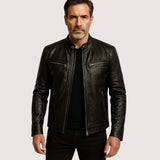 Men's Genuine Jacket with Stand Collar and Zip Pockets
