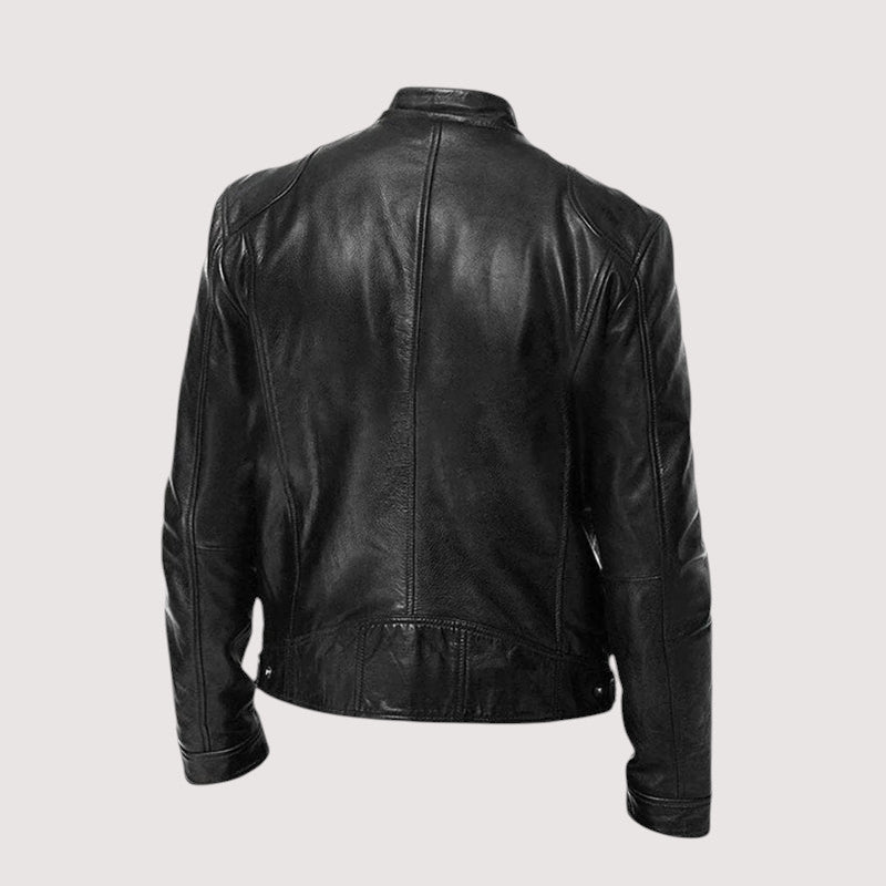 Men's Genuine Jacket with Stand Collar and Zip Pockets