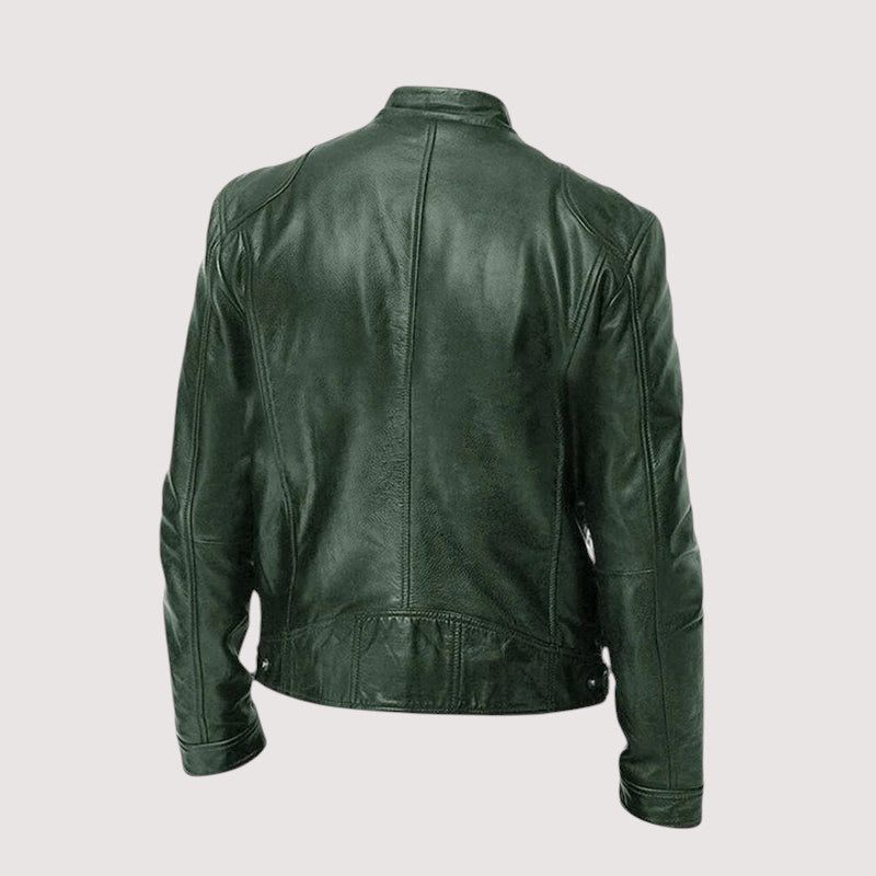 Men's Genuine Jacket with Stand Collar and Zip Pockets
