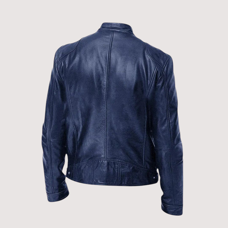 Men's Genuine Jacket with Stand Collar and Zip Pockets