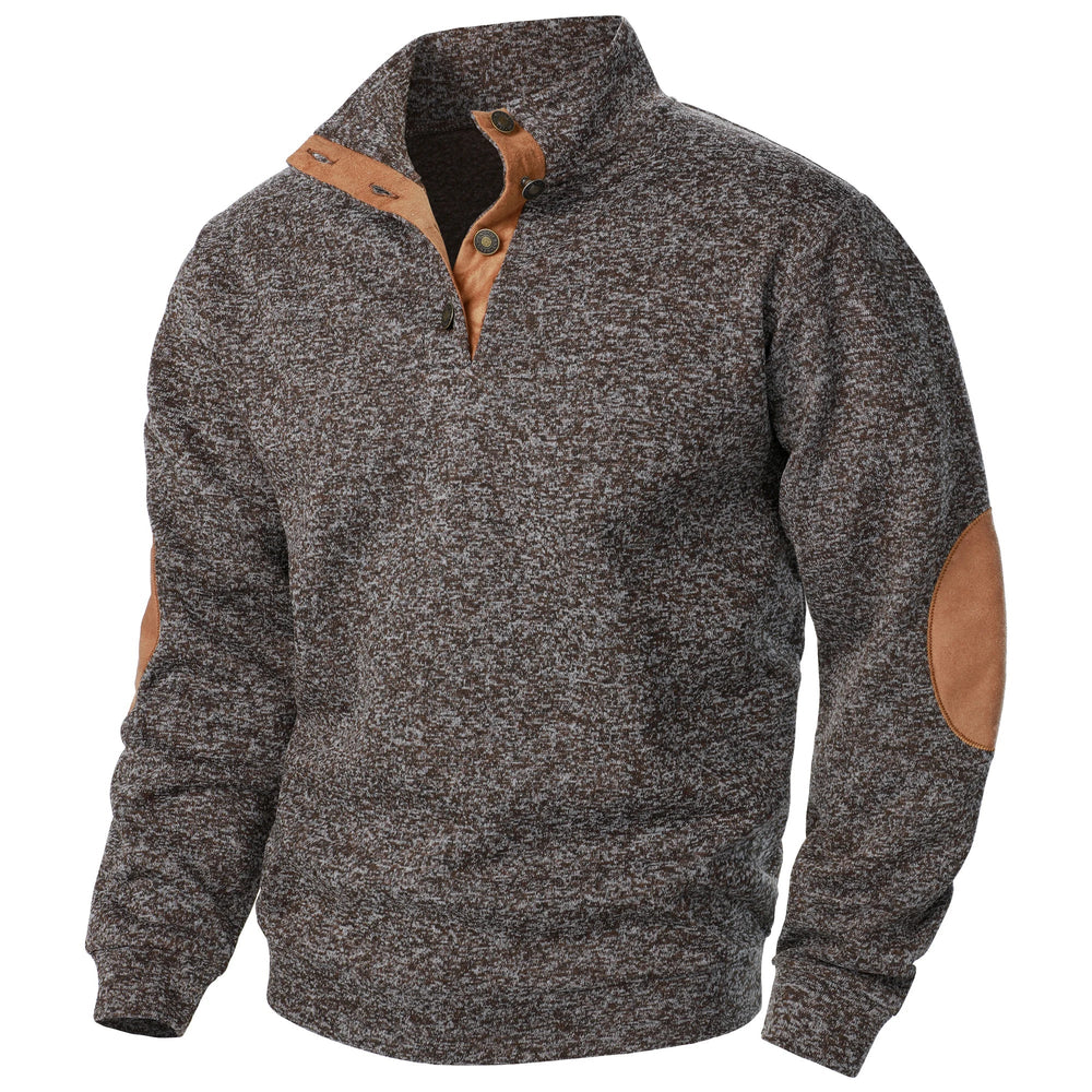 Men's Heathered Knit Sweater with Snap Placket and Elbow Patches