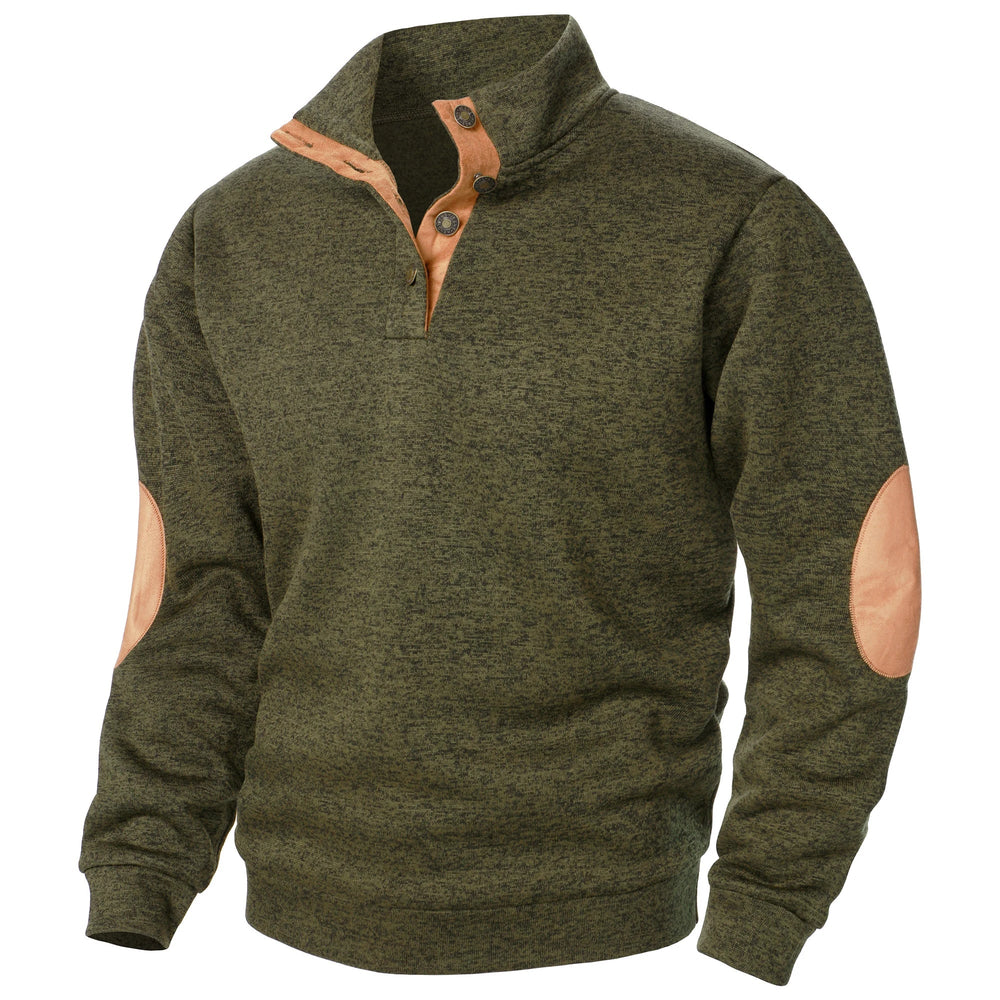 Men's Heathered Knit Sweater with Snap Placket and Elbow Patches