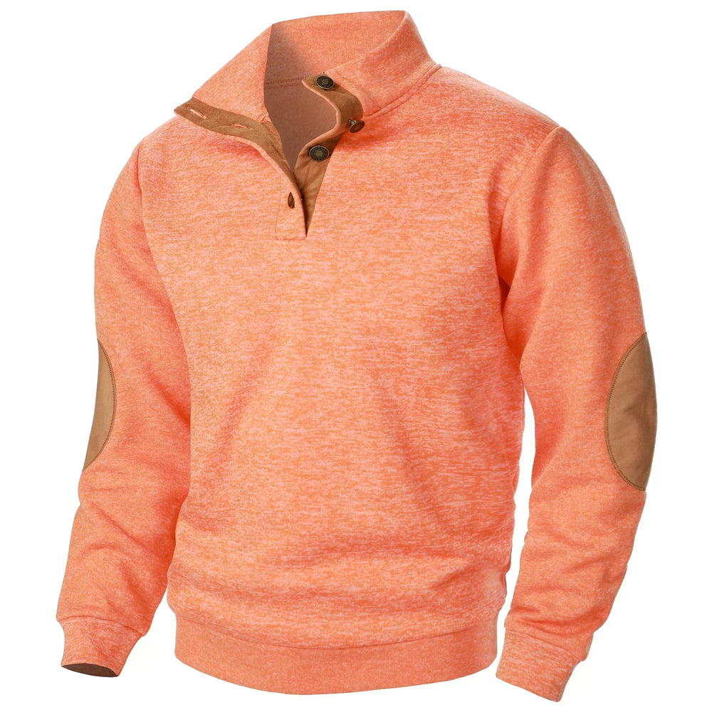 Men's Heathered Knit Sweater with Snap Placket and Elbow Patches