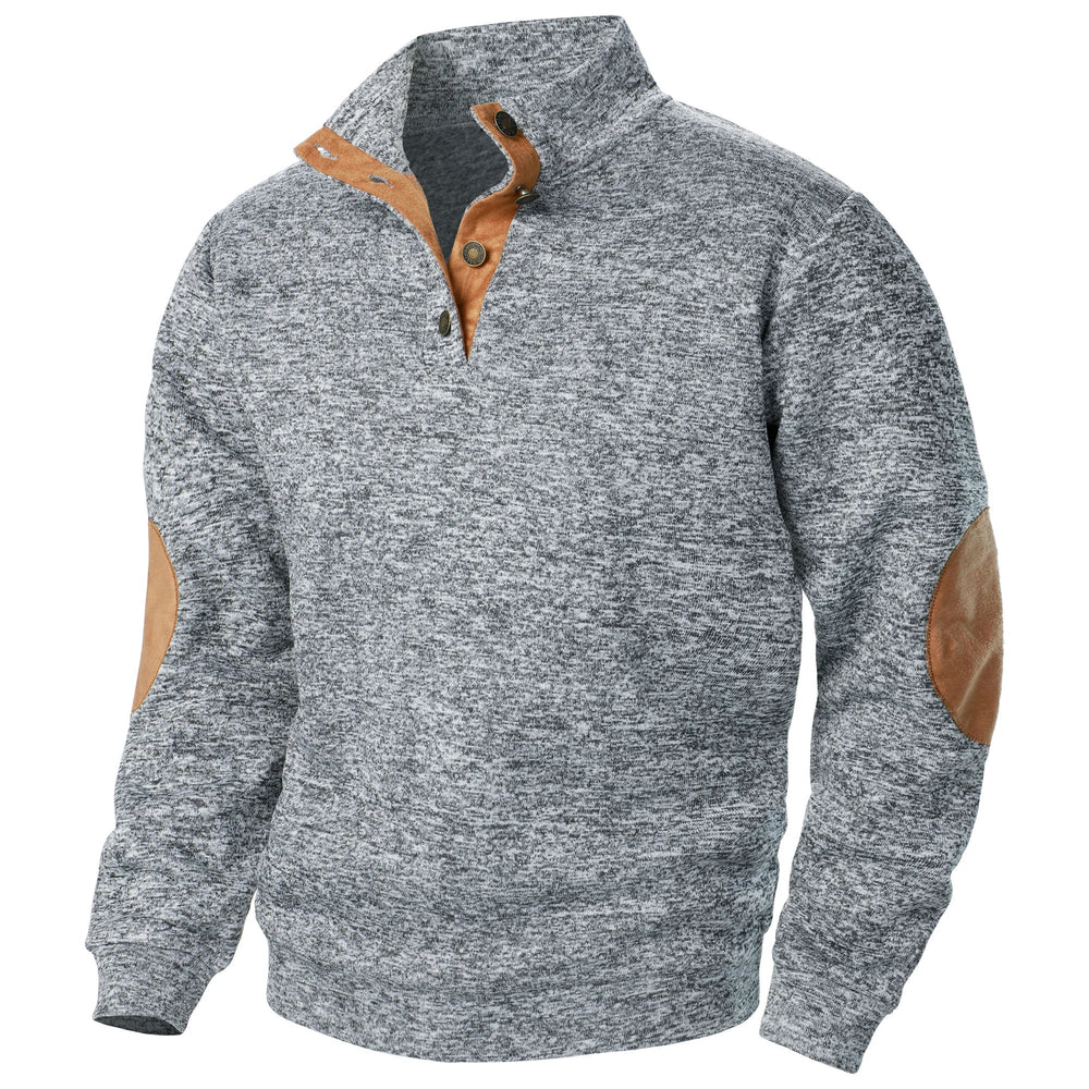 Men's Heathered Knit Sweater with Snap Placket and Elbow Patches
