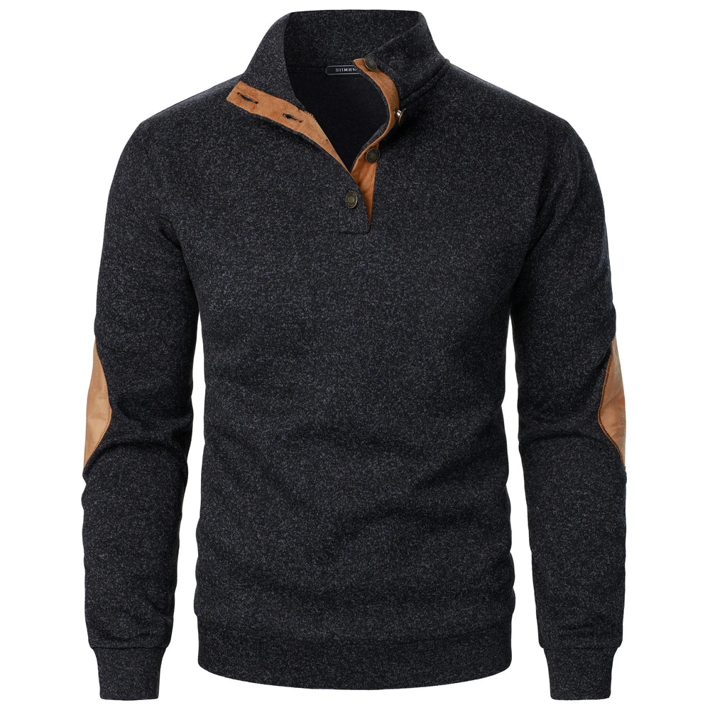 Men's Heathered Knit Sweater with Snap Placket and Elbow Patches