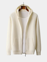 Men's Hooded Knit Sweater with Full Zip and Patch Pockets