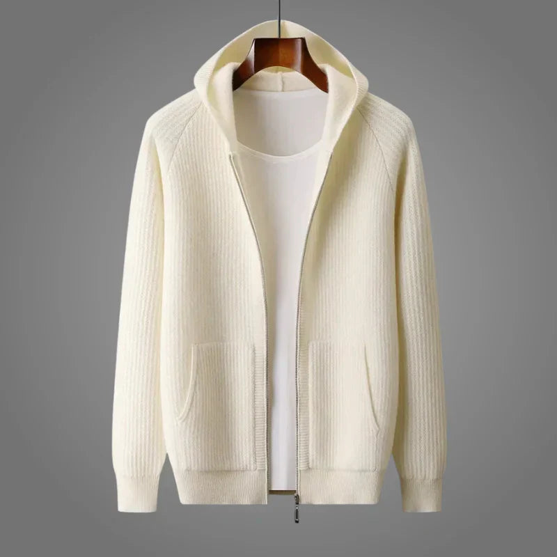 Men's Hooded Knit Sweater with Full Zip and Patch Pockets
