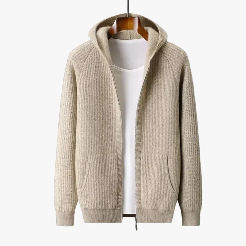 Men's Hooded Knit Sweater with Full Zip and Patch Pockets