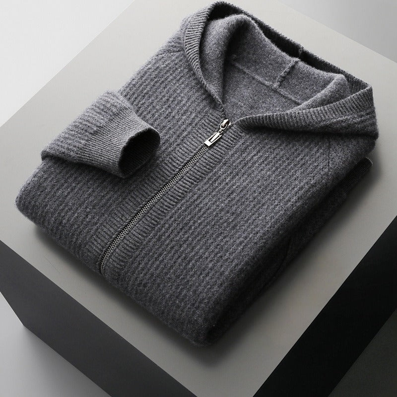 Men's Hooded Knit Sweater with Full Zip and Patch Pockets