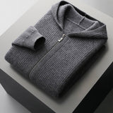 Men's Hooded Knit Sweater with Full Zip and Patch Pockets