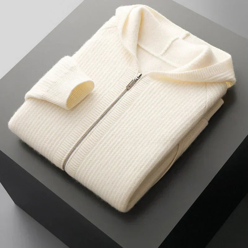Men's Hooded Knit Sweater with Full Zip and Patch Pockets