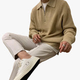 Men's Jacquard Knit Sweater with Quarter Zip and Spread Collar