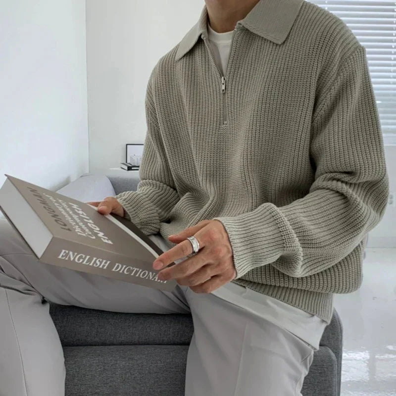 Men's Jacquard Knit Sweater with Quarter Zip and Spread Collar