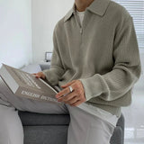 Men's Jacquard Knit Sweater with Quarter Zip and Spread Collar