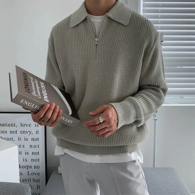Men's Jacquard Knit Sweater with Quarter Zip and Spread Collar