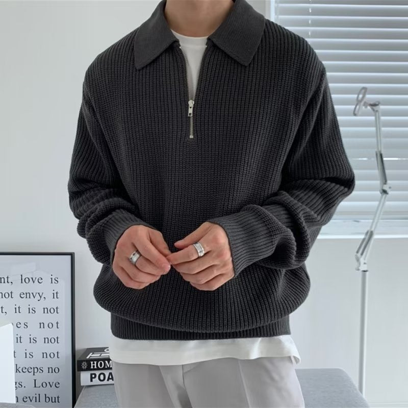 Men's Jacquard Knit Sweater with Quarter Zip and Spread Collar