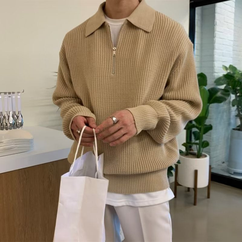 Men's Jacquard Knit Sweater with Quarter Zip and Spread Collar