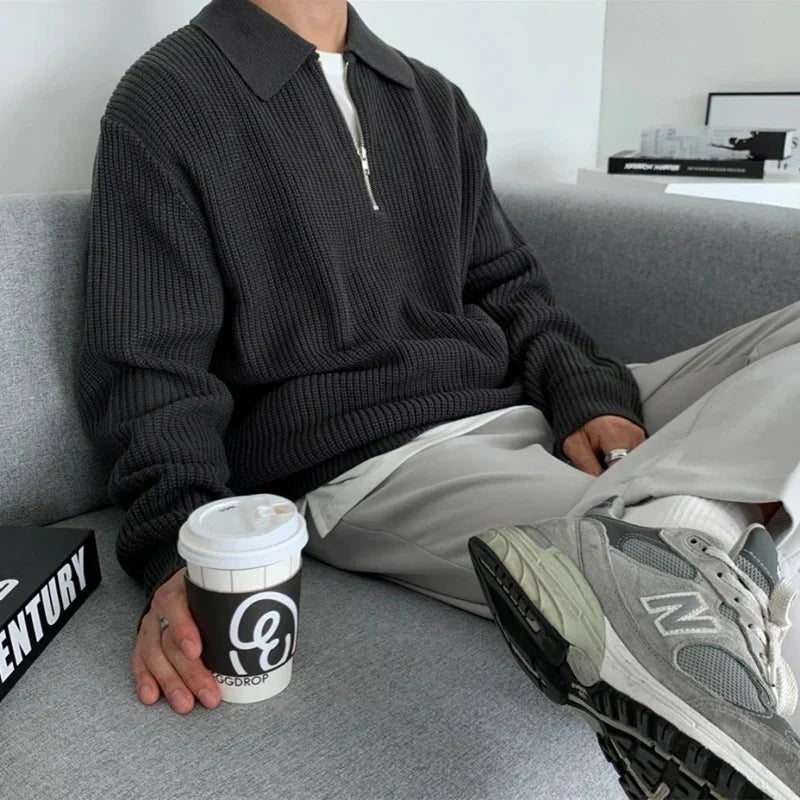 Men's Jacquard Knit Sweater with Quarter Zip and Spread Collar