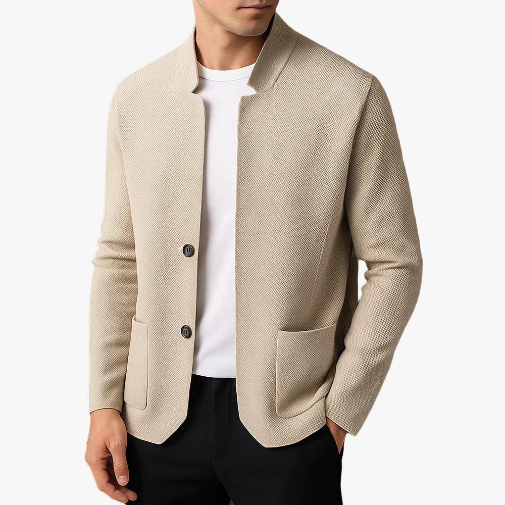 Men's Knit Cardigan with Stand Collar and Patch Pockets