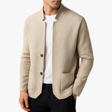 Men's Knit Cardigan with Stand Collar and Patch Pockets