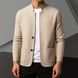 Men's Knit Cardigan with Stand Collar and Patch Pockets