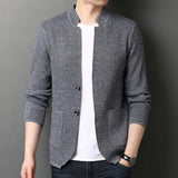 Men's Knit Cardigan with Stand Collar and Patch Pockets