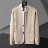 Men's Knit Cardigan with Stand Collar and Patch Pockets