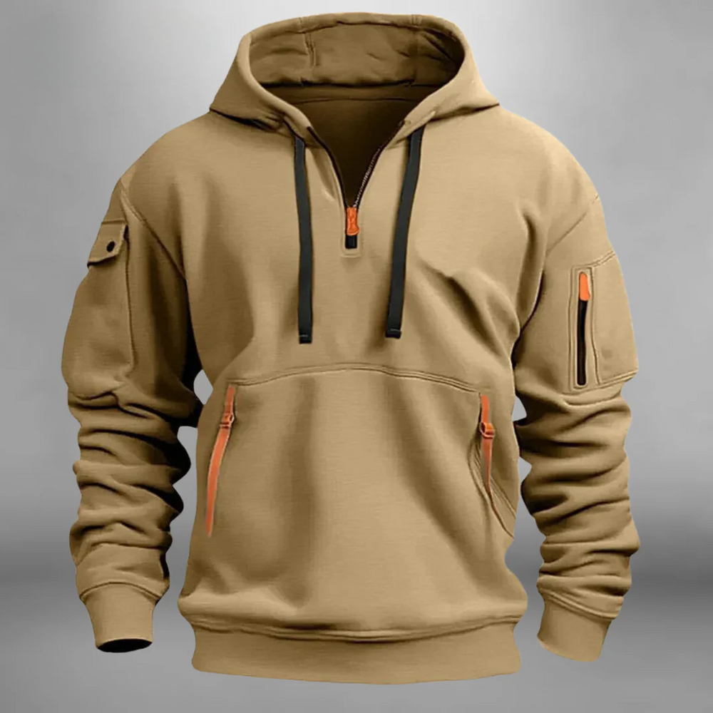 Men's Knit Hoodie with Half-Zip Neck and Utility Pockets