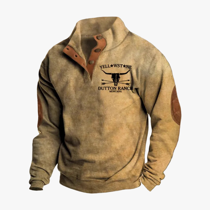Men's Knit Pullover Sweater with Button Mock Neck and Elbow Patches
