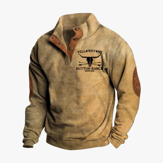 Men's Knit Pullover Sweater with Button Mock Neck and Elbow Patches