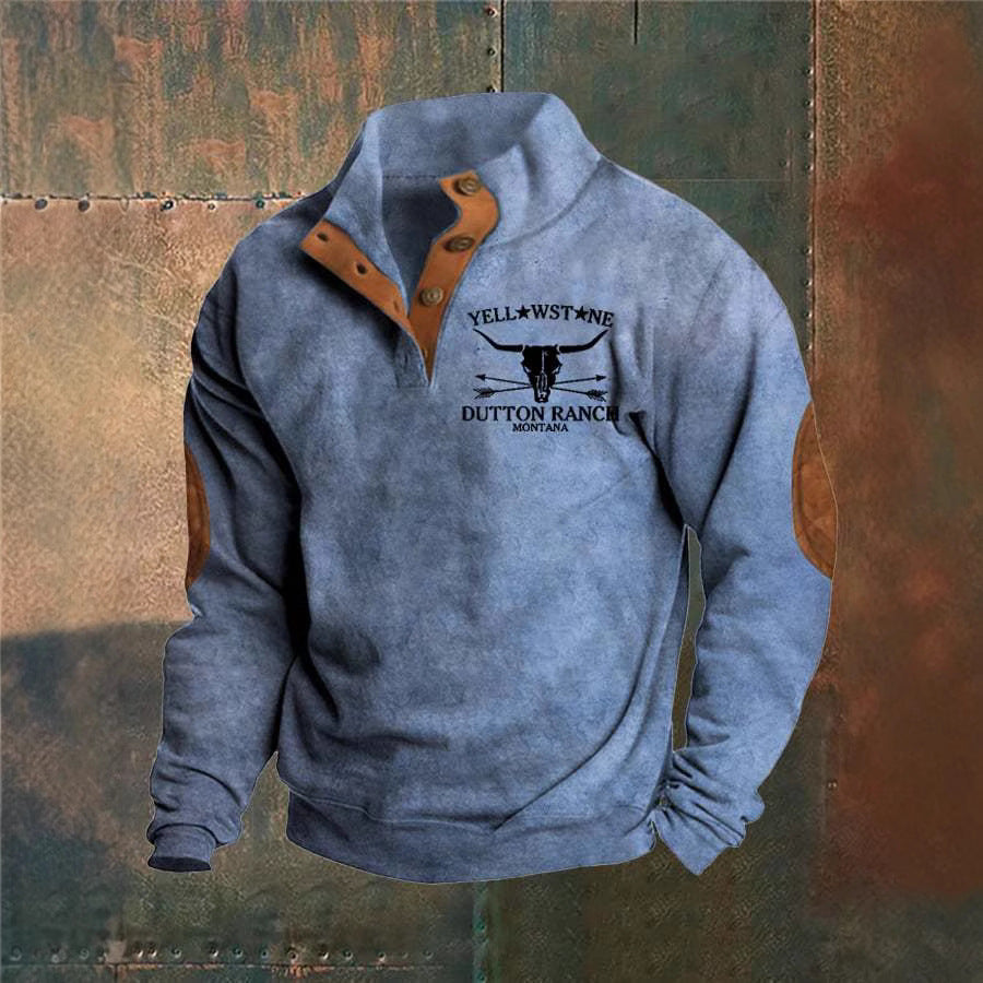 Men's Knit Pullover Sweater with Button Mock Neck and Elbow Patches