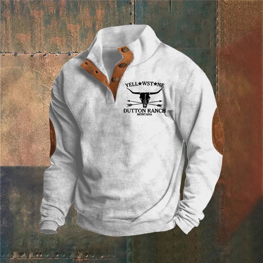 Men's Knit Pullover Sweater with Button Mock Neck and Elbow Patches