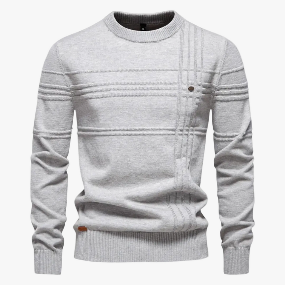 Men's Knit Pullover Sweater with Crew Neck and Raised Plaid Lines