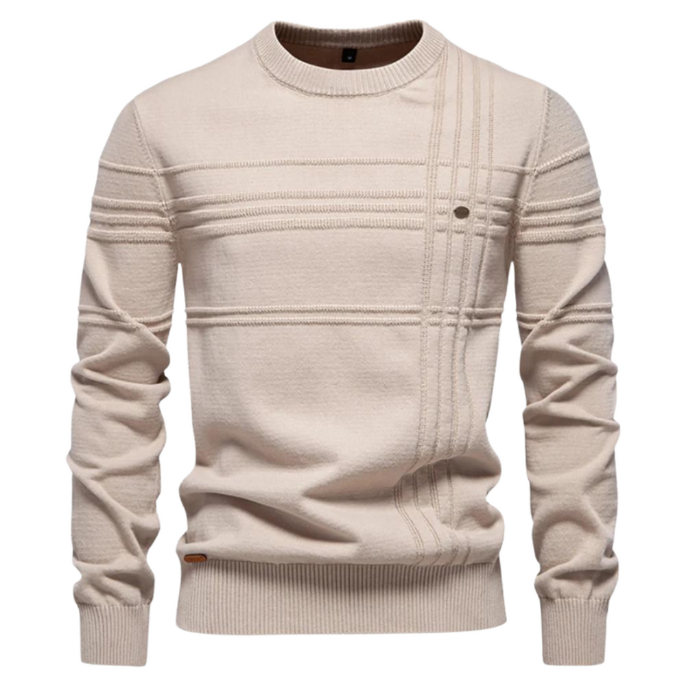 Men's Knit Pullover Sweater with Crew Neck and Raised Plaid Lines