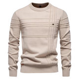 Men's Knit Pullover Sweater with Crew Neck and Raised Plaid Lines