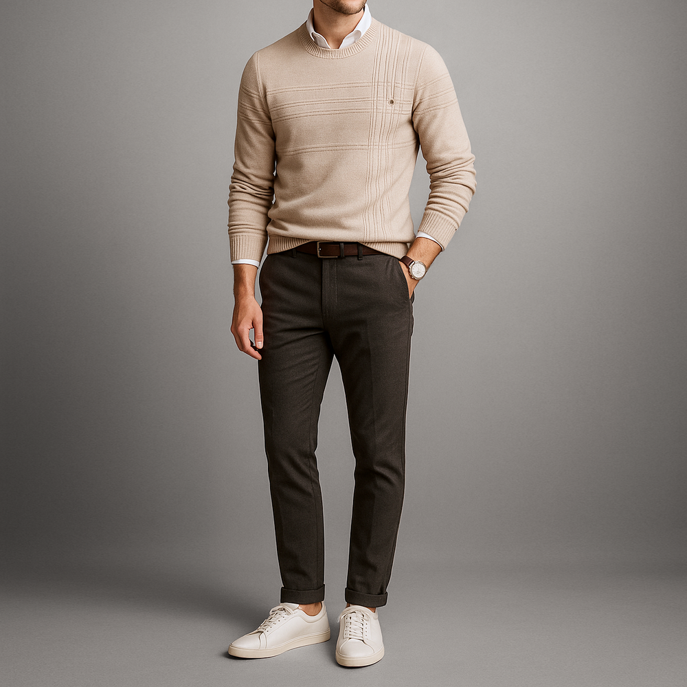 Men's Knit Pullover Sweater with Crew Neck and Ribbed Trim