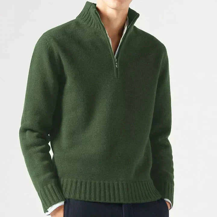 Men's Knit Pullover Sweater with Half-Zip and Stand Collar