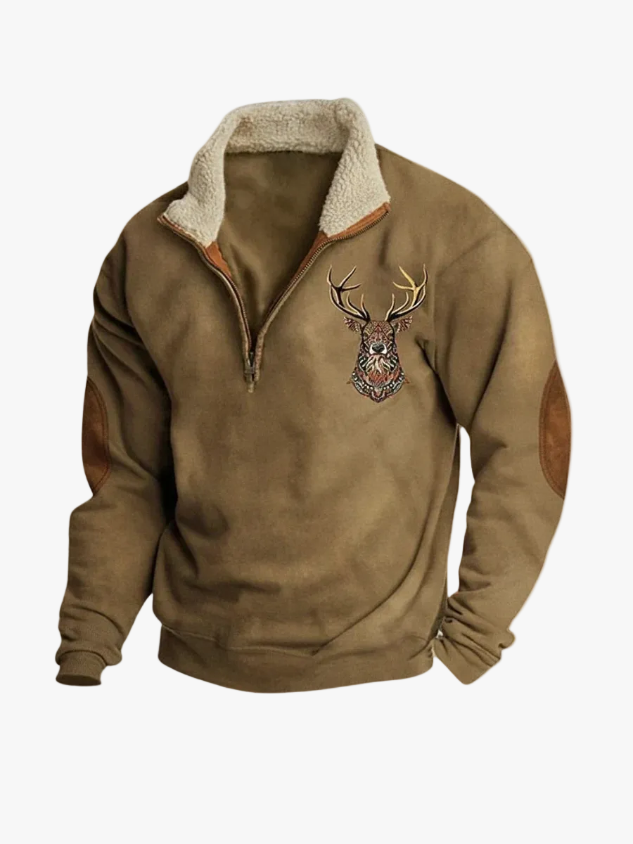 Men's Knit Pullover Sweater with Half-Zip Stand Collar and Elk Graphic