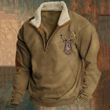 Men's Knit Pullover Sweater with Half-Zip Stand Collar and Elk Graphic