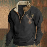 Men's Knit Pullover Sweater with Half-Zip Stand Collar and Elk Graphic