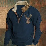 Men's Knit Pullover Sweater with Half-Zip Stand Collar and Elk Graphic