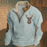 Men's Knit Pullover Sweater with Half-Zip Stand Collar and Elk Graphic