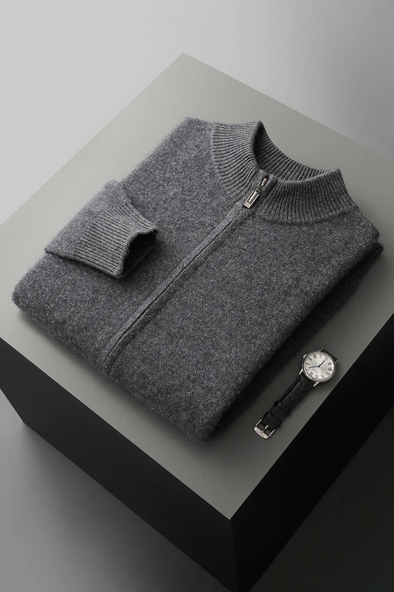 Men's Knit Sweater with Full Zip and Mock Neck