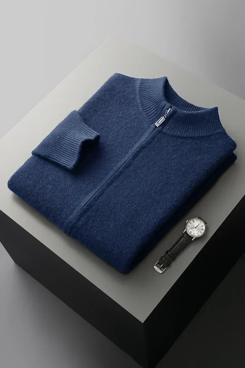 Men's Knit Sweater with Full Zip and Mock Neck